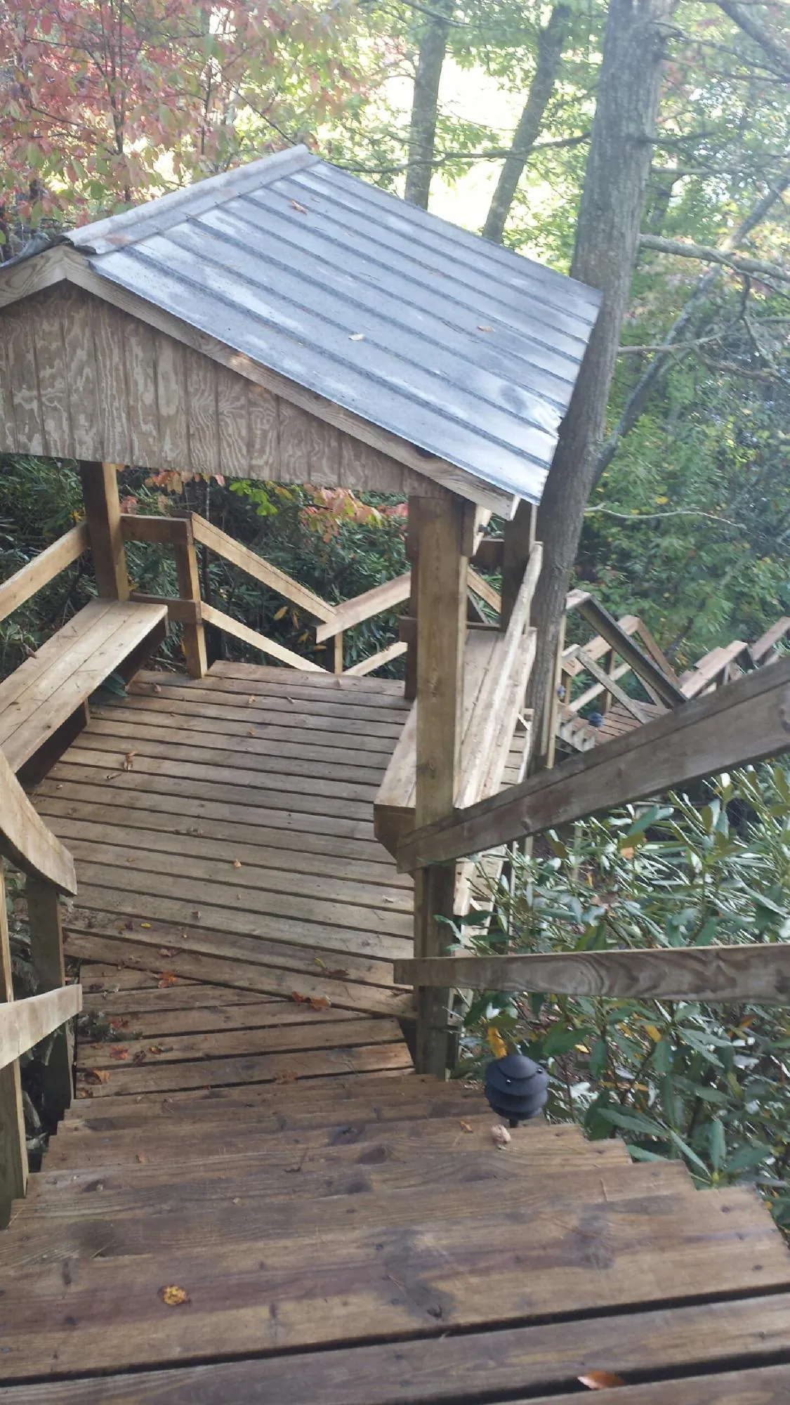 Metal roofed shelter over wooden steps on a wooded walkway — Skylight Repair & Installation work by our crew in Wever